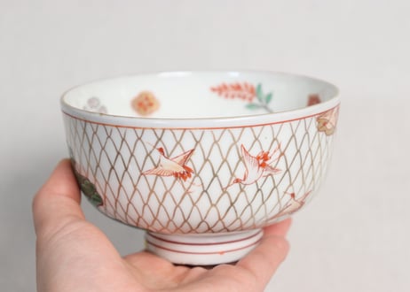 明治前期色絵網手に鶴と梅に鶯図通り物蒸茶碗②高台ホツ,高台内柄無し