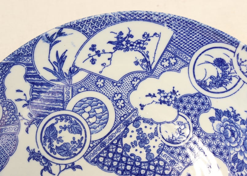 昭和初期 色絵『秋草野弁当団扇文』三つ足懐石大長皿(8客) 盛り皿豆長皿(8客) 昭和初期 色絵『秋草野弁当団扇文』三つ足懐石大長皿(8