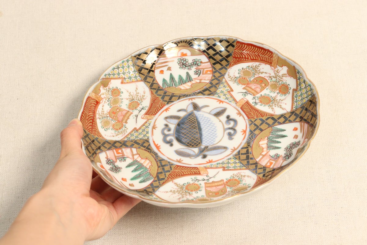 明治前期色絵桃と山水と菊図通り物7寸皿① | 吉祥寺PukuPuku