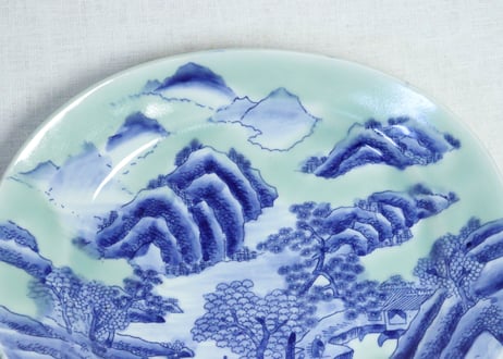 明治後期～大正銅判青磁山水図尺楕円皿