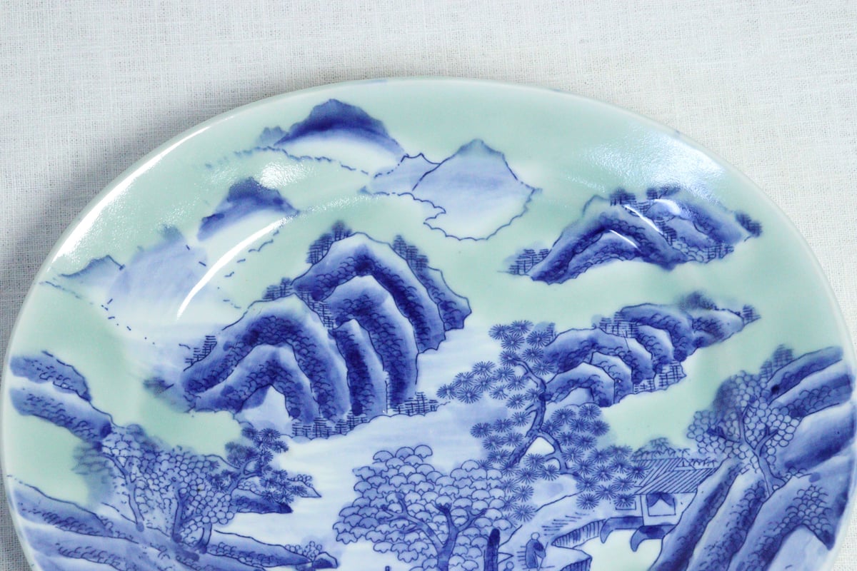 明治後期～大正銅判青磁山水図尺楕円皿 | 吉祥寺PukuPuku