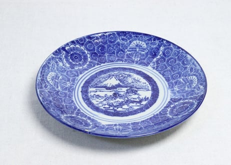 明治後期～大正紙刷富士図7.5寸皿　窯傷,かたつき