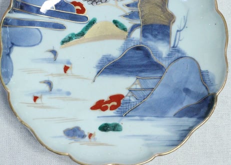 江戸中期色絵山水図7寸皿③　釉剥げ,ノミホツ
