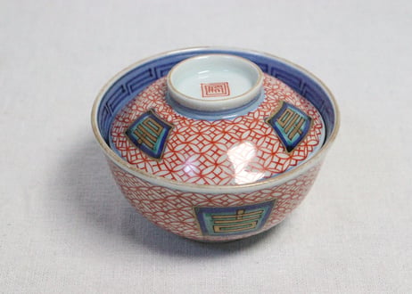 江戸後期色絵吉文字と七宝文図通り物飯茶碗　５客組