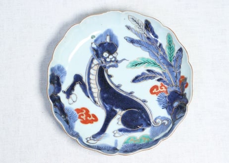 江戸中期色絵芭蕉に獅子図７寸皿　５客組