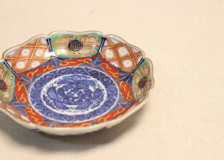 明治前期大聖寺焼色絵花と福文字図八弁小皿②少甘手