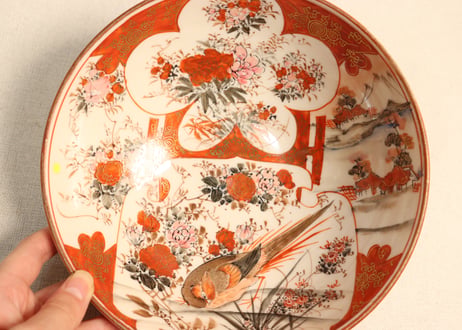 明治前期九谷焼赤絵花鳥図三ツ組鉢 小サイズ少甘手有り