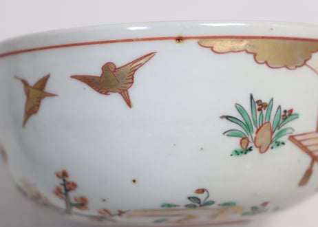 明治前期色絵網手に鶴と梅に鶯図通り物蒸茶碗①
