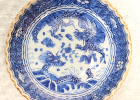 江戸幕末染付龍図イゲ縁小皿①　薄め