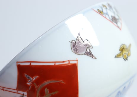 明治前期色絵麒麟に花鳥図蒸茶碗  フリモノ