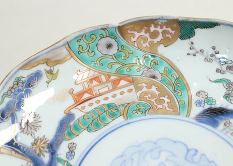 明治前期色絵鶴と松竹梅図通り物7寸皿