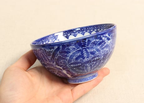 明治前期紙刷六方に花図飯茶碗