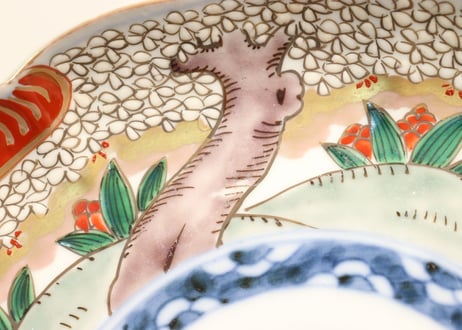 明治前期色絵桜に万年青図通り物7寸皿①