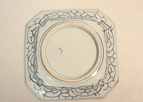 江戸幕末線描き山水と牡丹図角皿　ムシクイ,ノミホツ