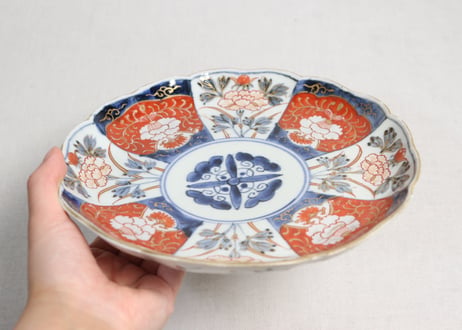 明治前期染付色絵八方に牡丹図７寸皿②ノミホツ,かたつき
