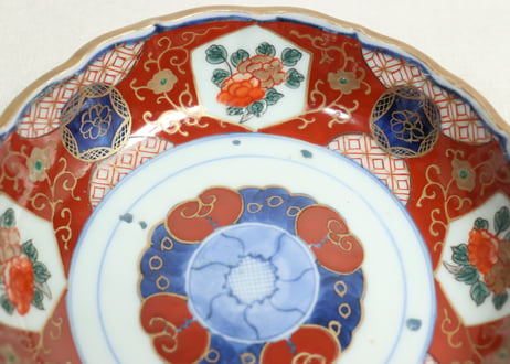 江戸幕末色絵牡丹と青玉図通り物なます皿　染料飛び,窯傷