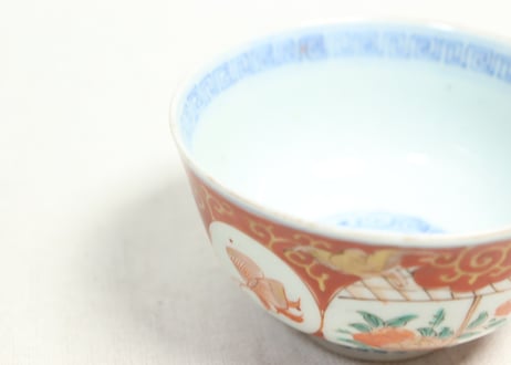 明治前期色絵瓢箪に蝶と花鳥図飯茶碗②高台ホツ,窯傷