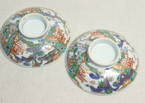 明治前期色絵鶴と松竹梅図通り物飯茶碗