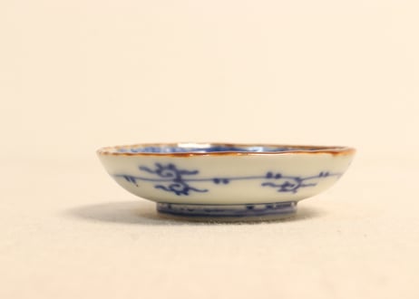 明治前期染付三方に山水窓絵と萩唐草図イゲ縁通り物豆皿
