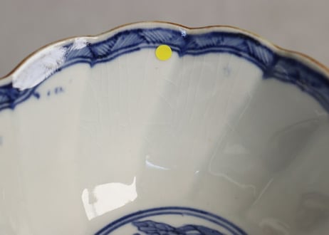 明治前期色絵幾何学文と草花図捻子輪花向付5客組 2客部分甘手