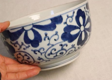 江戸幕末染付菱花と唐草図食籠 蓋ホツ,身あたり傷