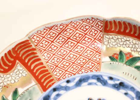 明治前期色絵桜に万年青図通り物7寸皿①