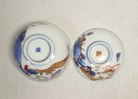 明治前期色絵富士に鷹と茄子図蓋茶碗②高台ホツ