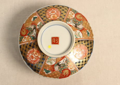 明治前期色絵桃と鶴図通り物蒸茶碗②　少甘手