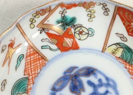 明治前期色絵熨斗と鶴亀図小皿