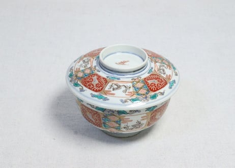 明治前期色絵四方に梅図蒸茶碗