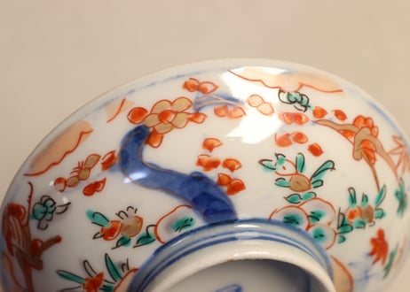 明治前期色絵花鳥に舟図飯茶碗　黒点