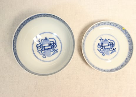 明治前期色絵四方に水仙図蓋茶碗　５客組　蓋窯傷,ノミホツあり