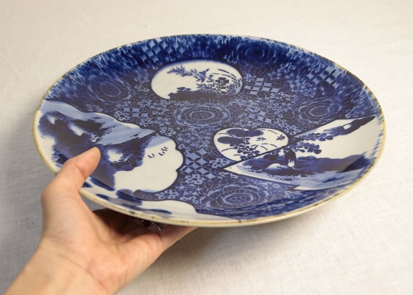 明治前期紙刷窓絵に山水と草花図一尺一寸皿 | 吉祥寺PukuPuku