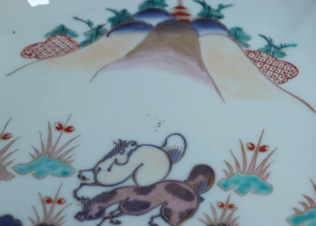 江戸中期色絵馬図四弁通り物7寸変形皿 　5客組