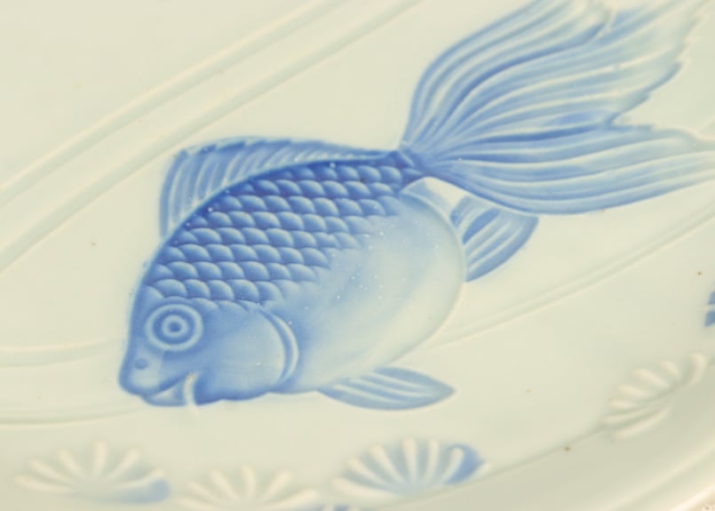 ★ 江戸期 青磁 金魚 色絵 なます皿 5客組 アンティーク 昭和戦前青磁陽刻金魚図6寸皿 | 吉祥寺PukuPuku