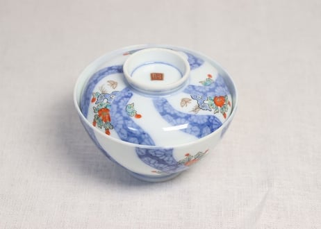 大正～昭和戦前色絵牡丹に捻子文蓋茶碗