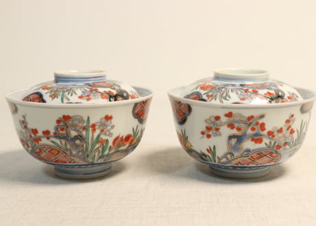 明治前期色絵杜若と梅図飯茶碗