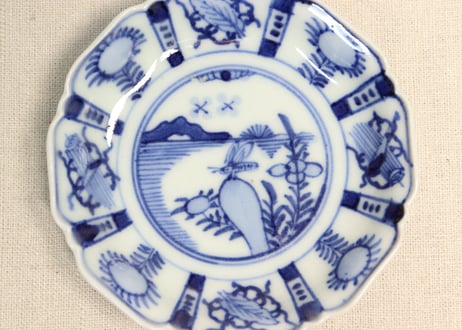 明治前期染付芙蓉手イナゴ図小皿