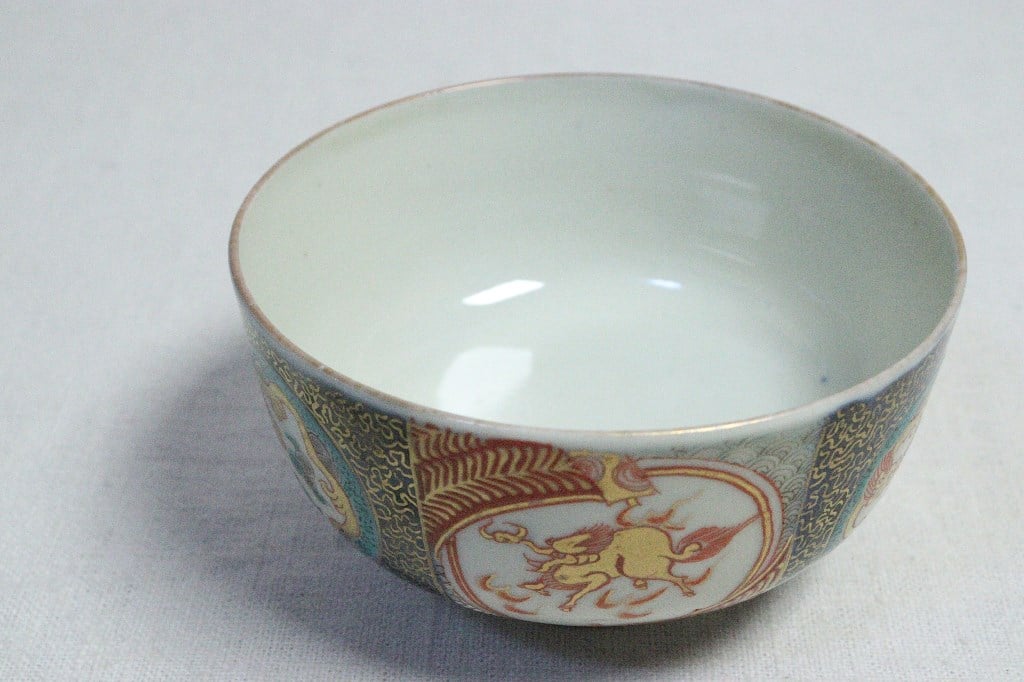 龍芳画　色絵仙人図抹茶茶碗 茶道具 抹茶茶碗 色絵茶碗 黒仁清 扇面流 鳳凰 宮川香雲作 竜谷