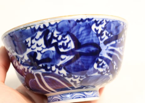 明治前期ベロ藍鳳凰図通り物飯茶碗