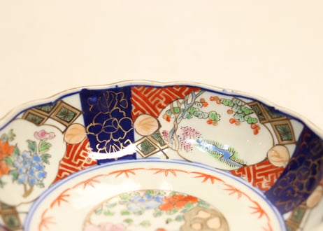 江戸幕末色絵牡丹と花鳥図なます皿