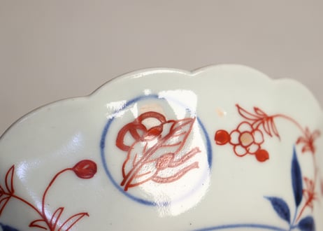 江戸中期色絵竹梅に亀甲菱花図なます皿①5客組　窯傷