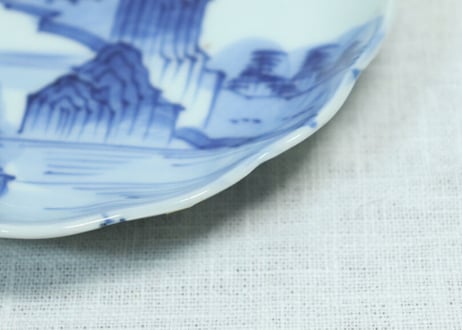 江戸幕末染付山水図輪花5.5寸皿 小ニュウ