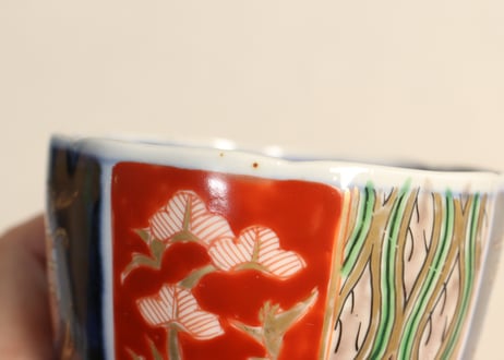 明治前期色絵松鶴と屋敷図向付 窯傷