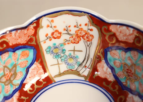 明治後期~大正色絵牡丹と菊梅図六弁小鉢