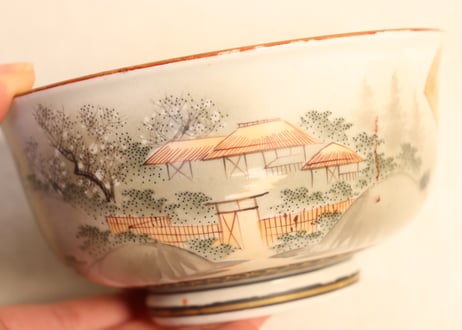 明治前期九谷焼色絵家風景図通り物蒸茶碗