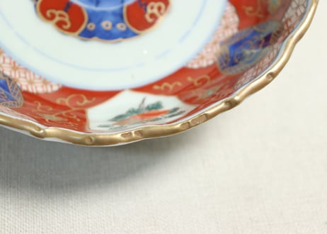 江戸幕末色絵牡丹と青玉図通り物大なます皿　染料飛び,窯傷