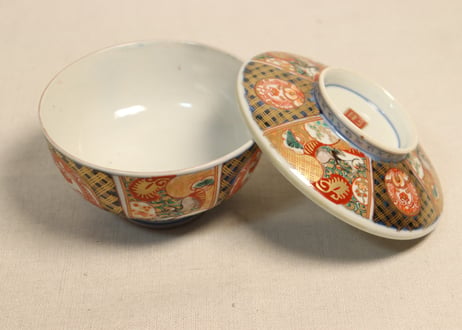 明治前期色絵桃と鶴図通り物蒸茶碗②　少甘手