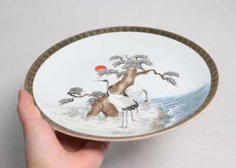 明治前期九谷焼色絵松鶴図通り物8寸皿②甘手