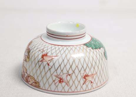 明治前期色絵網手に鶴と梅に鶯図通り物蒸茶碗②高台ホツ,高台内柄無し